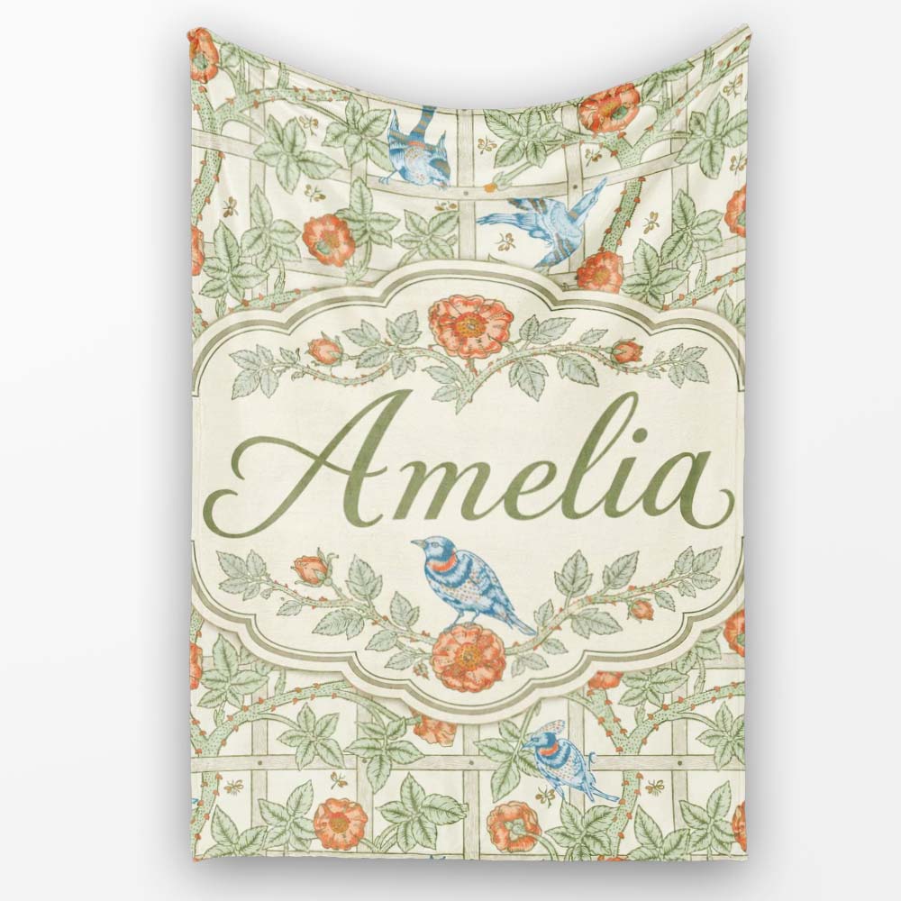 Vintage Birds and Roses Trellis Garden Pattern Seamless Name Cute  Personalised Custom Name Super Soft Fleece Blanket Bed Sofa Throw