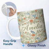 Personalized Custom Name Vintage Birds and Roses Trellis Garden Pattern Seamless Name Cute 11oz Ceramic Coffee Tea Mug White Large Handle