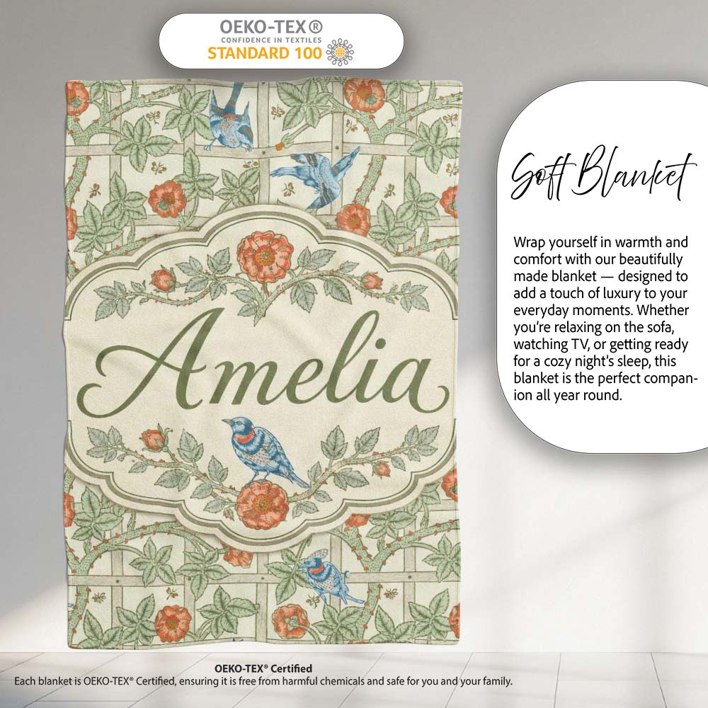 Vintage Birds and Roses Trellis Garden Pattern Seamless Name Cute  Personalised Custom Name Super Soft Fleece Blanket Bed Sofa Throw