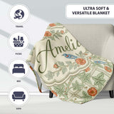 Vintage Birds and Roses Trellis Garden Pattern Seamless Name Cute  Personalised Custom Name Super Soft Fleece Blanket Bed Sofa Throw