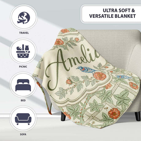 Vintage Birds and Roses Trellis Garden Pattern Seamless Name Cute  Personalised Custom Name Super Soft Fleece Blanket Bed Sofa Throw