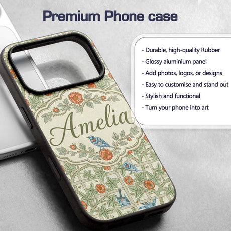 Vintage Birds and Roses Trellis Garden Pattern Custom Name Protective Phone Case Mobile Cover Durable Everyday Smartphone Shock Resistant