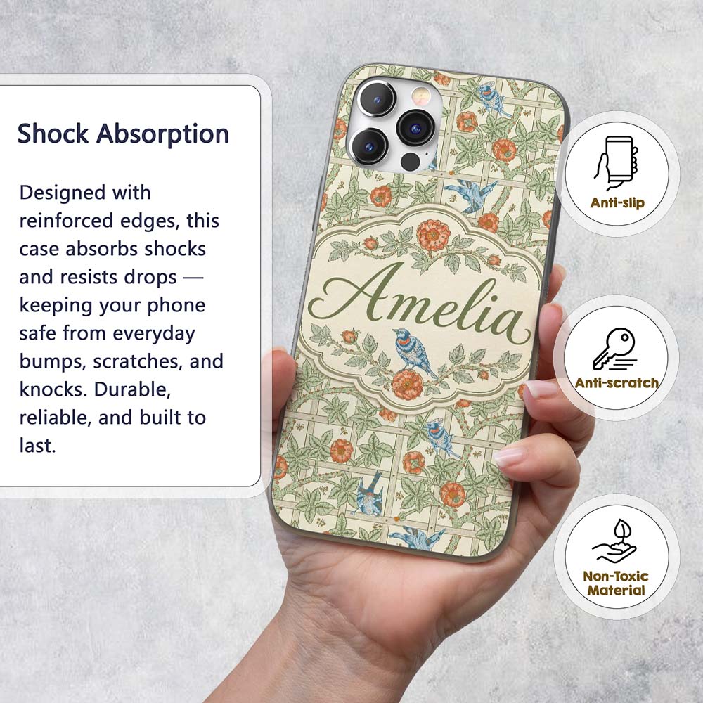 Vintage Birds and Roses Trellis Garden Pattern Custom Name Protective Phone Case Mobile Cover Durable Everyday Smartphone Shock Resistant