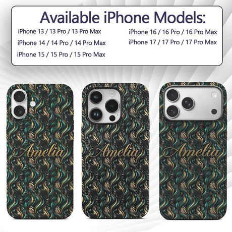 Luxury Art Deco Gold Teal Abstract Wave Pattern Custom Name Protective Phone Case Mobile Cover Durable Everyday Smartphone Shock Resistant
