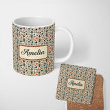 Personalized Custom Name Modern Abstract Tribal Shapes Pattern on Cream Seamless Name Cute 11oz Ceramic Coffee Tea Mug White Large Handle
