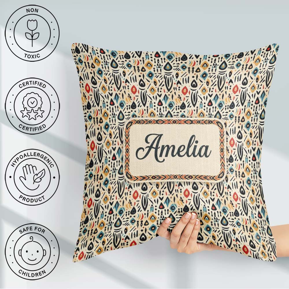 Custom Name Modern Abstract Tribal Shapes on Cream Seamless Name Square Filled Cushion Throw Pillow Sofa Bed Home Decor Zip Washable UK Made