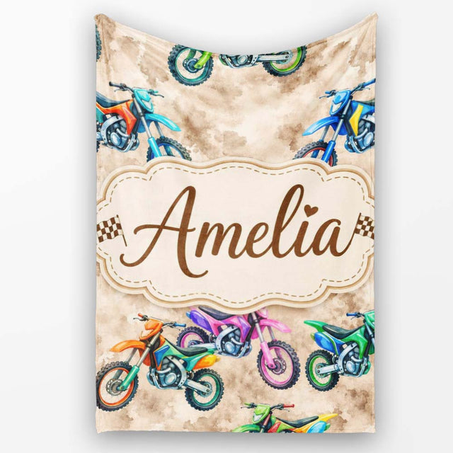 Colorful Kids Dirt Bike Motocross Seamless Pattern on Beige Lovely  Personalised Custom Name Super Soft Fleece Blanket Bed Sofa Throw