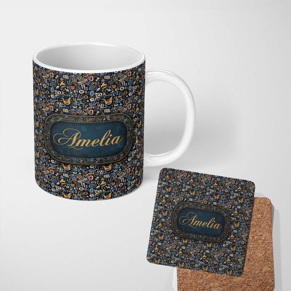 Personalized Custom Name Dark Abstract Doodle Icons Pattern with Yellow Blue Seamless Name 11oz Ceramic Coffee Tea Mug White Large Handle