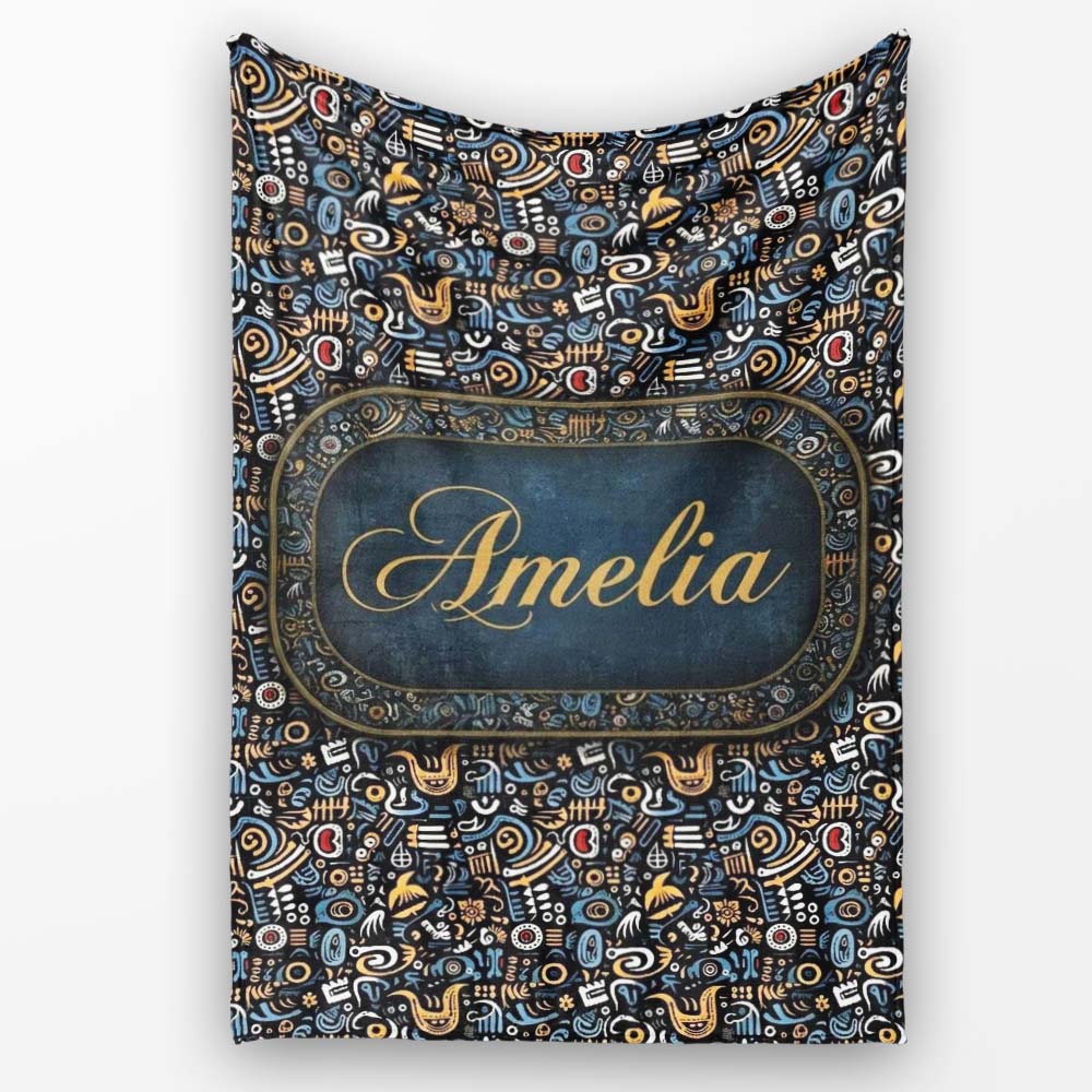 Dark Abstract Doodle Icons Pattern with Yellow Blue Seamless Name  Personalised Custom Name Super Soft Fleece Blanket Bed Sofa Throw