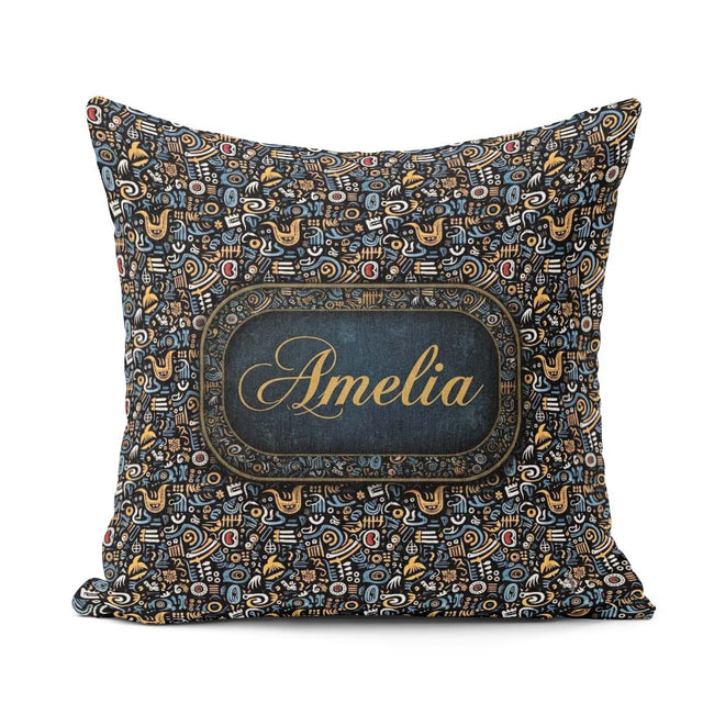 Custom Name Dark Abstract Doodle Icons with Yellow Blue Seamless Square Filled Cushion Throw Pillow Sofa Bed Home Decor Zip Washable UK Made
