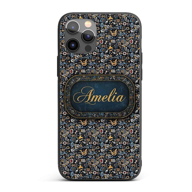 Dark Abstract Doodle Icons Pattern with Yellow Custom Name Protective Phone Case Mobile Cover Durable Everyday Smartphone Shock Resistant