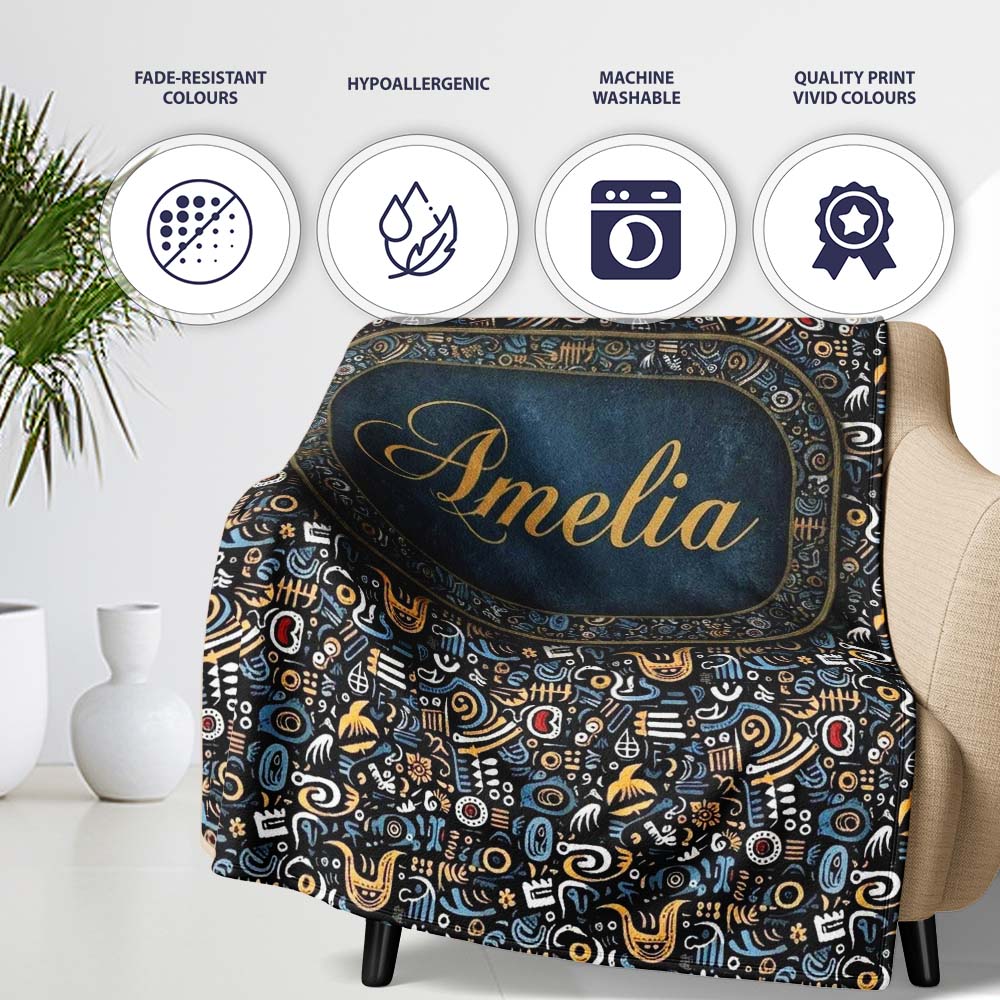 Dark Abstract Doodle Icons Pattern with Yellow Blue Seamless Name  Personalised Custom Name Super Soft Fleece Blanket Bed Sofa Throw