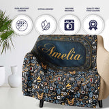 Dark Abstract Doodle Icons Pattern with Yellow Blue Seamless Name  Personalised Custom Name Super Soft Fleece Blanket Bed Sofa Throw