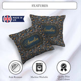 Custom Name Dark Abstract Doodle Icons with Yellow Blue Seamless Square Filled Cushion Throw Pillow Sofa Bed Home Decor Zip Washable UK Made