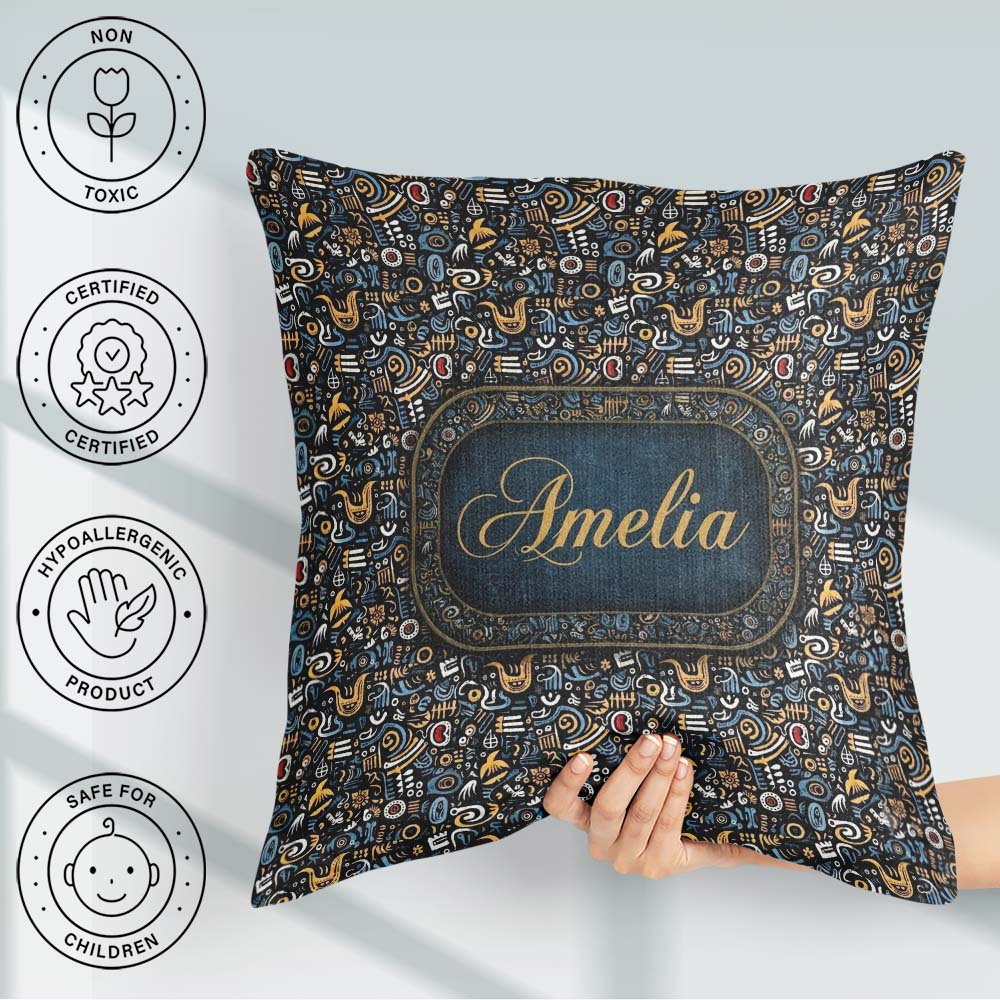 Custom Name Dark Abstract Doodle Icons with Yellow Blue Seamless Square Filled Cushion Throw Pillow Sofa Bed Home Decor Zip Washable UK Made