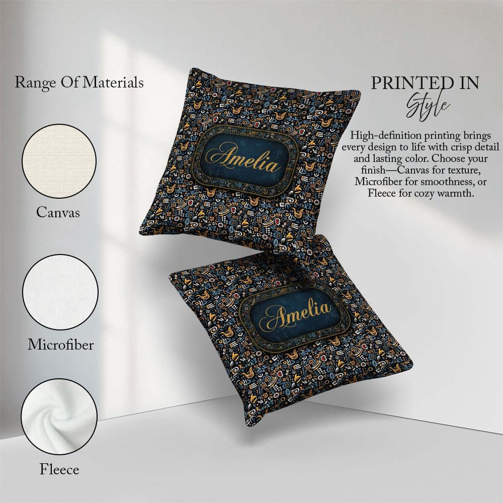 Custom Name Dark Abstract Doodle Icons with Yellow Blue Seamless Square Filled Cushion Throw Pillow Sofa Bed Home Decor Zip Washable UK Made