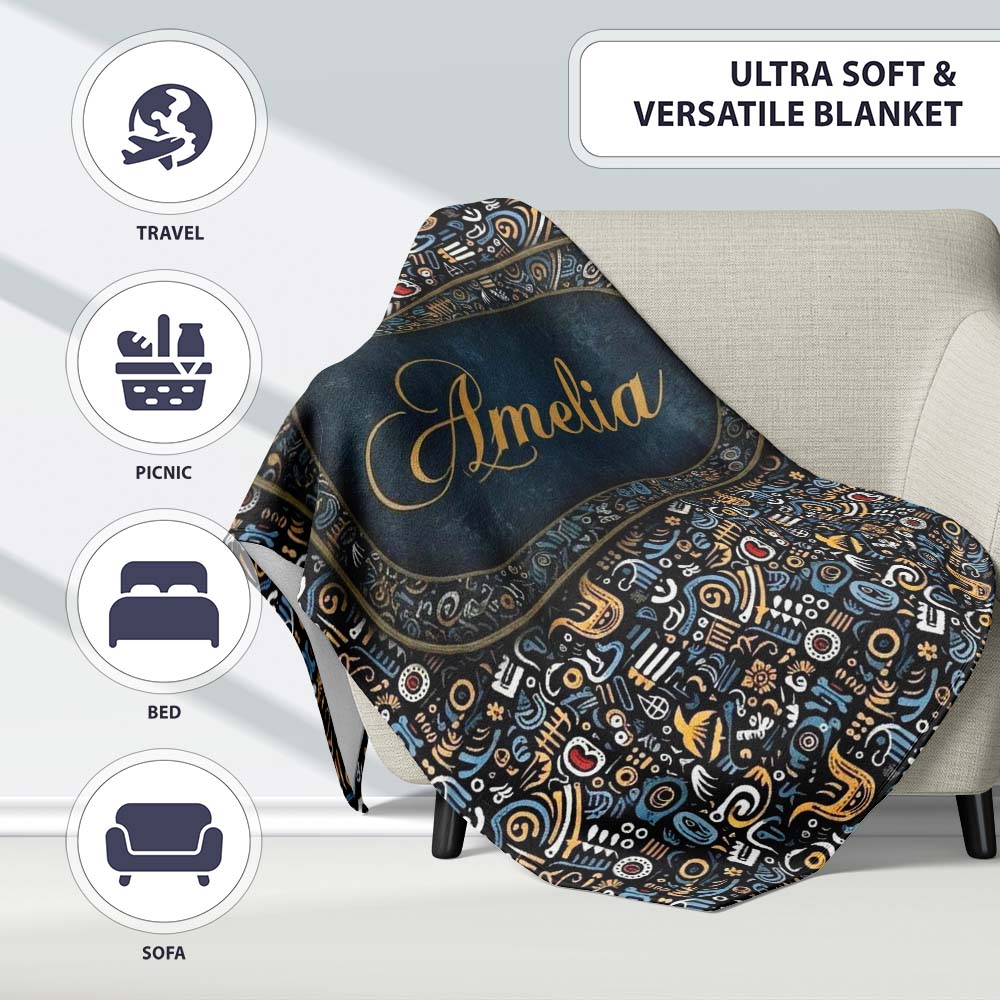 Dark Abstract Doodle Icons Pattern with Yellow Blue Seamless Name  Personalised Custom Name Super Soft Fleece Blanket Bed Sofa Throw