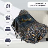 Dark Abstract Doodle Icons Pattern with Yellow Blue Seamless Name  Personalised Custom Name Super Soft Fleece Blanket Bed Sofa Throw
