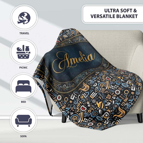Dark Abstract Doodle Icons Pattern with Yellow Blue Seamless Name  Personalised Custom Name Super Soft Fleece Blanket Bed Sofa Throw