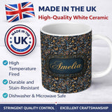 Personalized Custom Name Dark Abstract Doodle Icons Pattern with Yellow Blue Seamless Name 11oz Ceramic Coffee Tea Mug White Large Handle