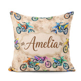 Custom Name Colorful Kids Dirt Bike Motocross Seamless on Beige Square Filled Cushion Throw Pillow Sofa Bed Home Decor Zip Washable UK Made