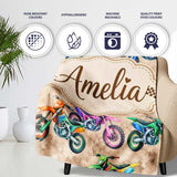 Colorful Kids Dirt Bike Motocross Seamless Pattern on Beige Lovely  Personalised Custom Name Super Soft Fleece Blanket Bed Sofa Throw