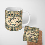Personalized Custom Name Geometric Ethnic Tribal Pattern in Neutral Tones Seamless Custom 11oz Ceramic Coffee Tea Mug White Large Handle