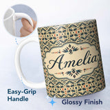 Personalized Custom Name Geometric Ethnic Tribal Pattern in Neutral Tones Seamless Custom 11oz Ceramic Coffee Tea Mug White Large Handle