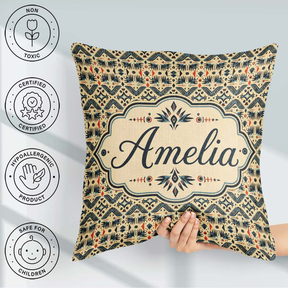 Custom Name Geometric Ethnic Tribal Pattern Neutral Tones Custom Square Filled Cushion Throw Pillow Sofa Bed Home Decor Zip Washable UK Made
