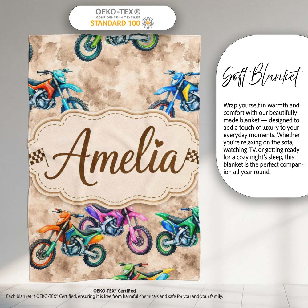 Colorful Kids Dirt Bike Motocross Seamless Pattern on Beige Lovely  Personalised Custom Name Super Soft Fleece Blanket Bed Sofa Throw