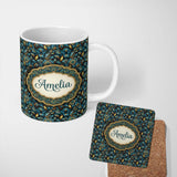 Personalized Custom Name Luxury Teal Gold Geometric Art Deco Floral Pattern Seamless Name 11oz Ceramic Coffee Tea Mug White Large Handle