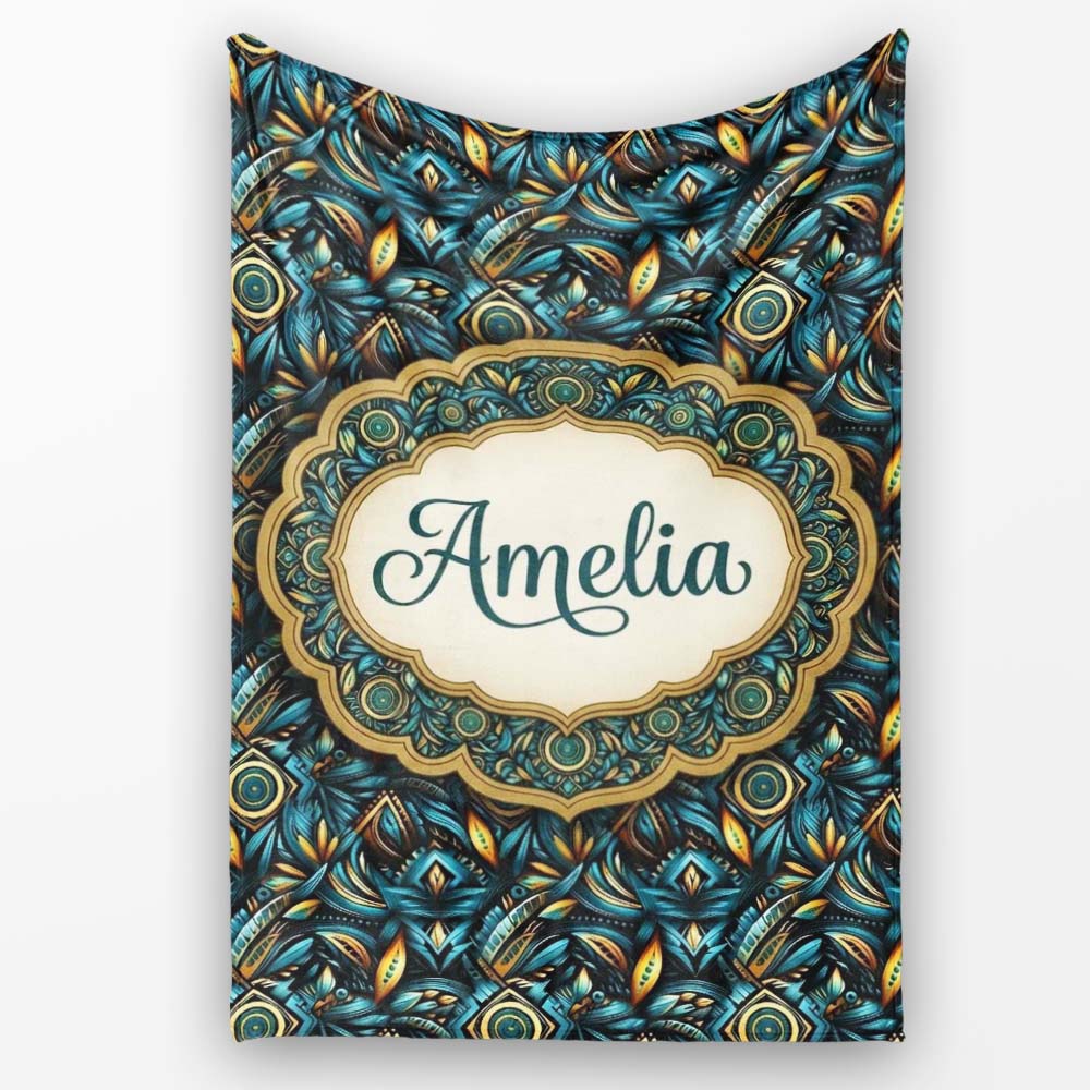 Luxury Teal Gold Geometric Art Deco Floral Pattern Seamless Name  Personalised Custom Name Super Soft Fleece Blanket Bed Sofa Throw