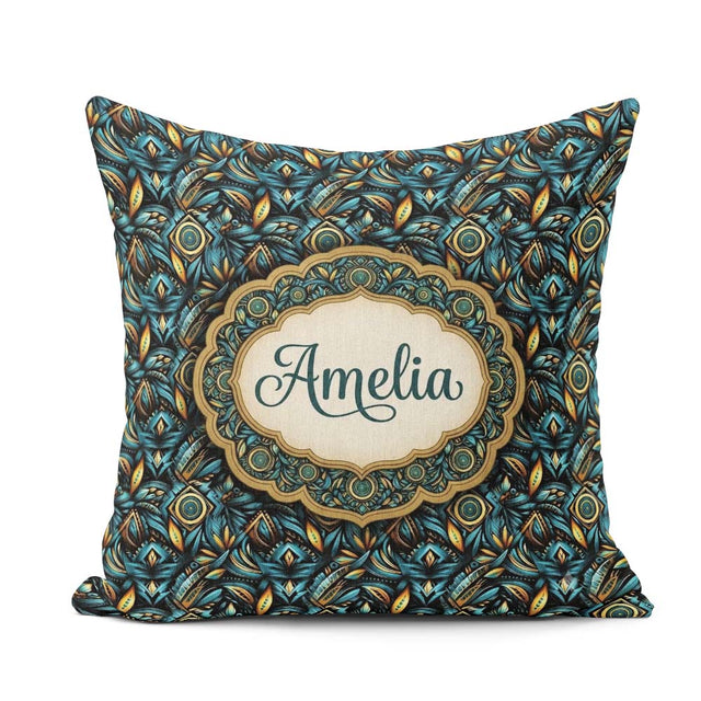 Custom Name Luxury Teal Gold Geometric Art Deco Pattern Seamless Square Filled Cushion Throw Pillow Sofa Bed Home Decor Zip Washable UK Made