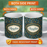 Personalized Custom Name Luxury Teal Gold Geometric Art Deco Floral Pattern Seamless Name 11oz Ceramic Coffee Tea Mug White Large Handle