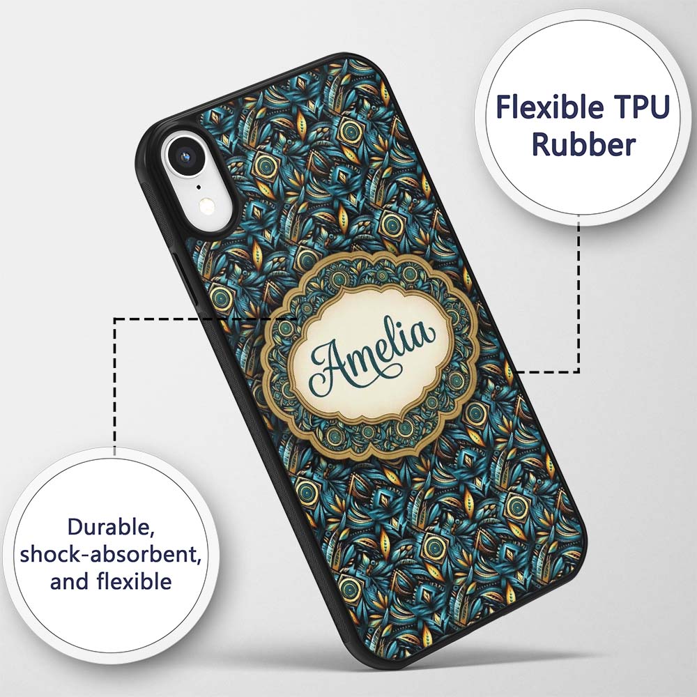 Luxury Teal Gold Geometric Art Printed Design Custom Name Protective Phone Case Mobile Cover Durable Everyday Smartphone Shock Resistant