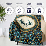 Luxury Teal Gold Geometric Art Deco Floral Pattern Seamless Name  Personalised Custom Name Super Soft Fleece Blanket Bed Sofa Throw