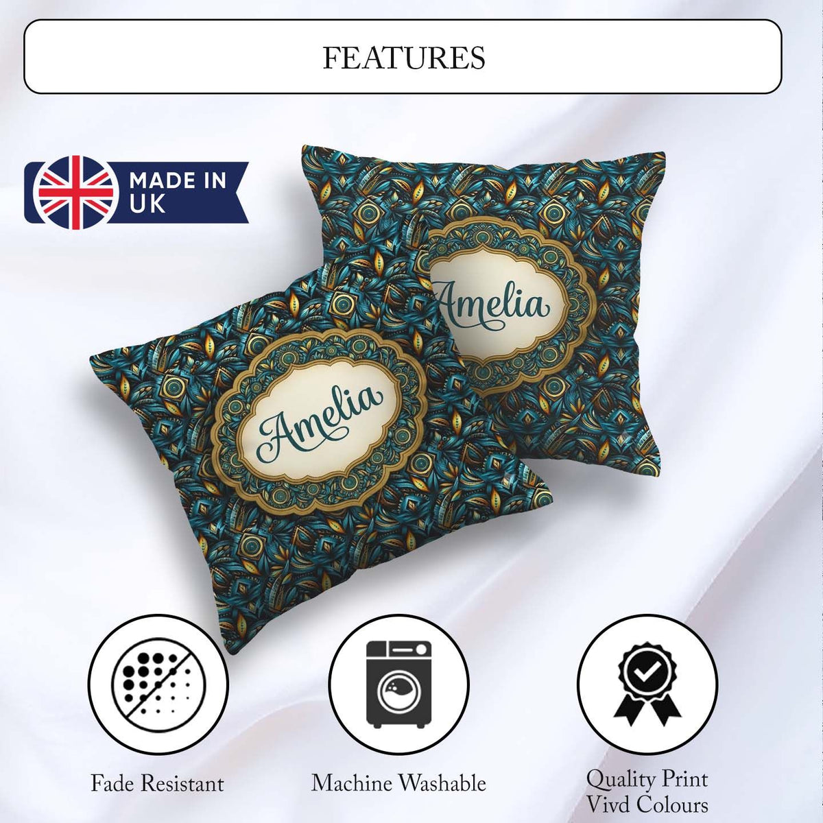Custom Name Luxury Teal Gold Geometric Art Deco Pattern Seamless Square Filled Cushion Throw Pillow Sofa Bed Home Decor Zip Washable UK Made