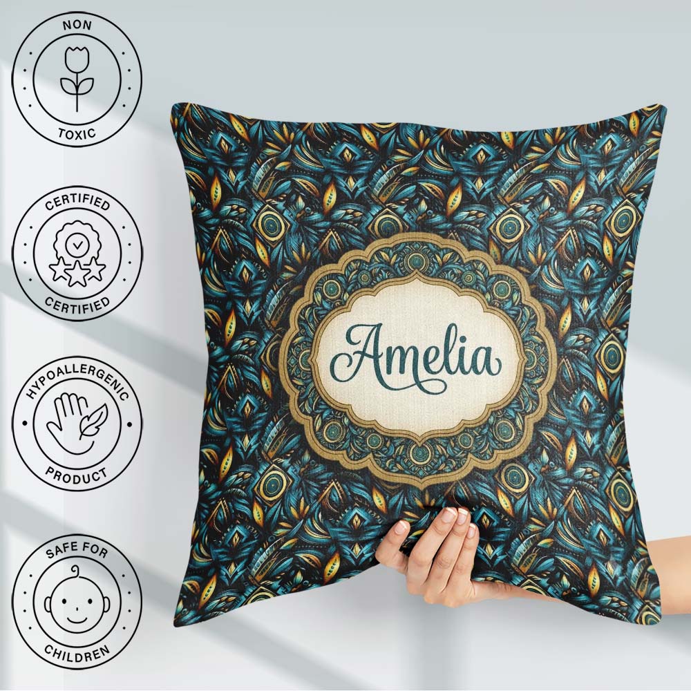 Custom Name Luxury Teal Gold Geometric Art Deco Pattern Seamless Square Filled Cushion Throw Pillow Sofa Bed Home Decor Zip Washable UK Made