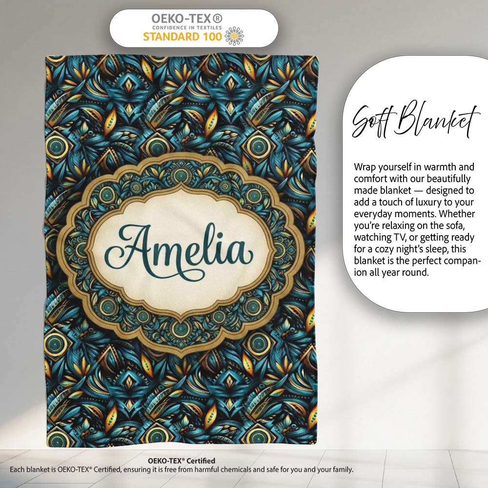 Luxury Teal Gold Geometric Art Deco Floral Pattern Seamless Name  Personalised Custom Name Super Soft Fleece Blanket Bed Sofa Throw