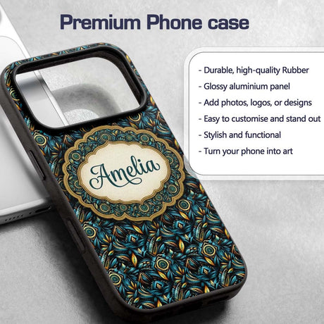 Luxury Teal Gold Geometric Art Printed Design Custom Name Protective Phone Case Mobile Cover Durable Everyday Smartphone Shock Resistant