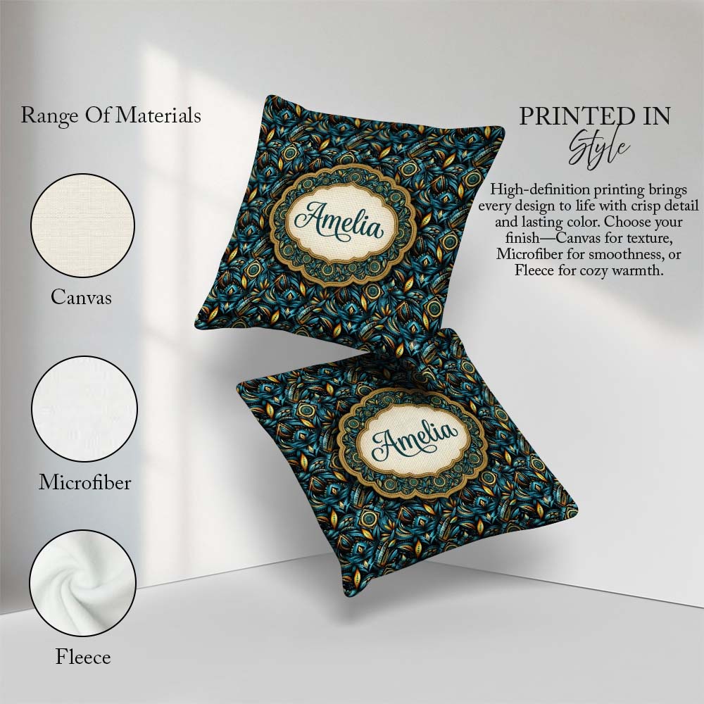 Custom Name Luxury Teal Gold Geometric Art Deco Pattern Seamless Square Filled Cushion Throw Pillow Sofa Bed Home Decor Zip Washable UK Made