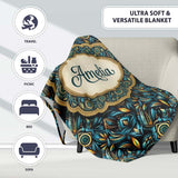 Luxury Teal Gold Geometric Art Deco Floral Pattern Seamless Name  Personalised Custom Name Super Soft Fleece Blanket Bed Sofa Throw