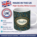 Personalized Custom Name Luxury Teal Gold Geometric Art Deco Floral Pattern Seamless Name 11oz Ceramic Coffee Tea Mug White Large Handle