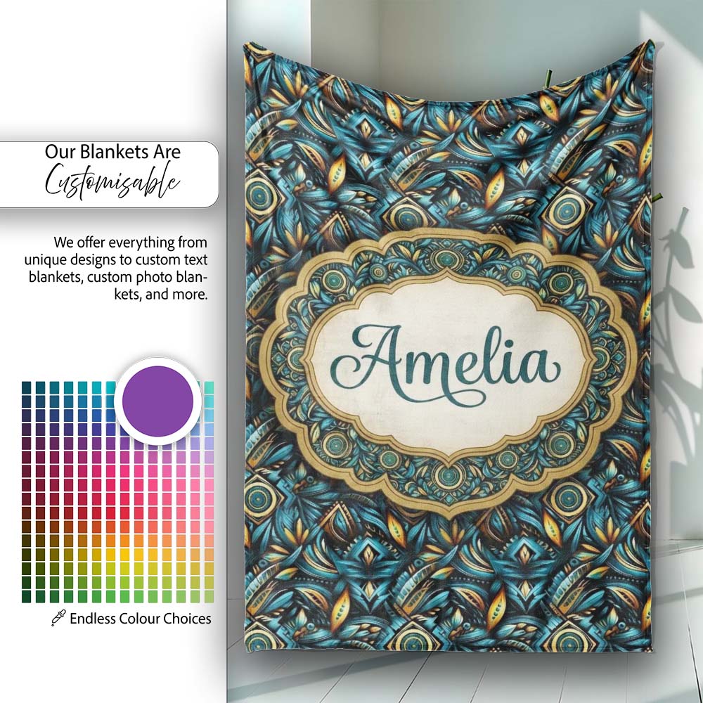 Luxury Teal Gold Geometric Art Deco Floral Pattern Seamless Name  Personalised Custom Name Super Soft Fleece Blanket Bed Sofa Throw