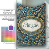 Luxury Teal Gold Geometric Art Deco Floral Pattern Seamless Name  Personalised Custom Name Super Soft Fleece Blanket Bed Sofa Throw
