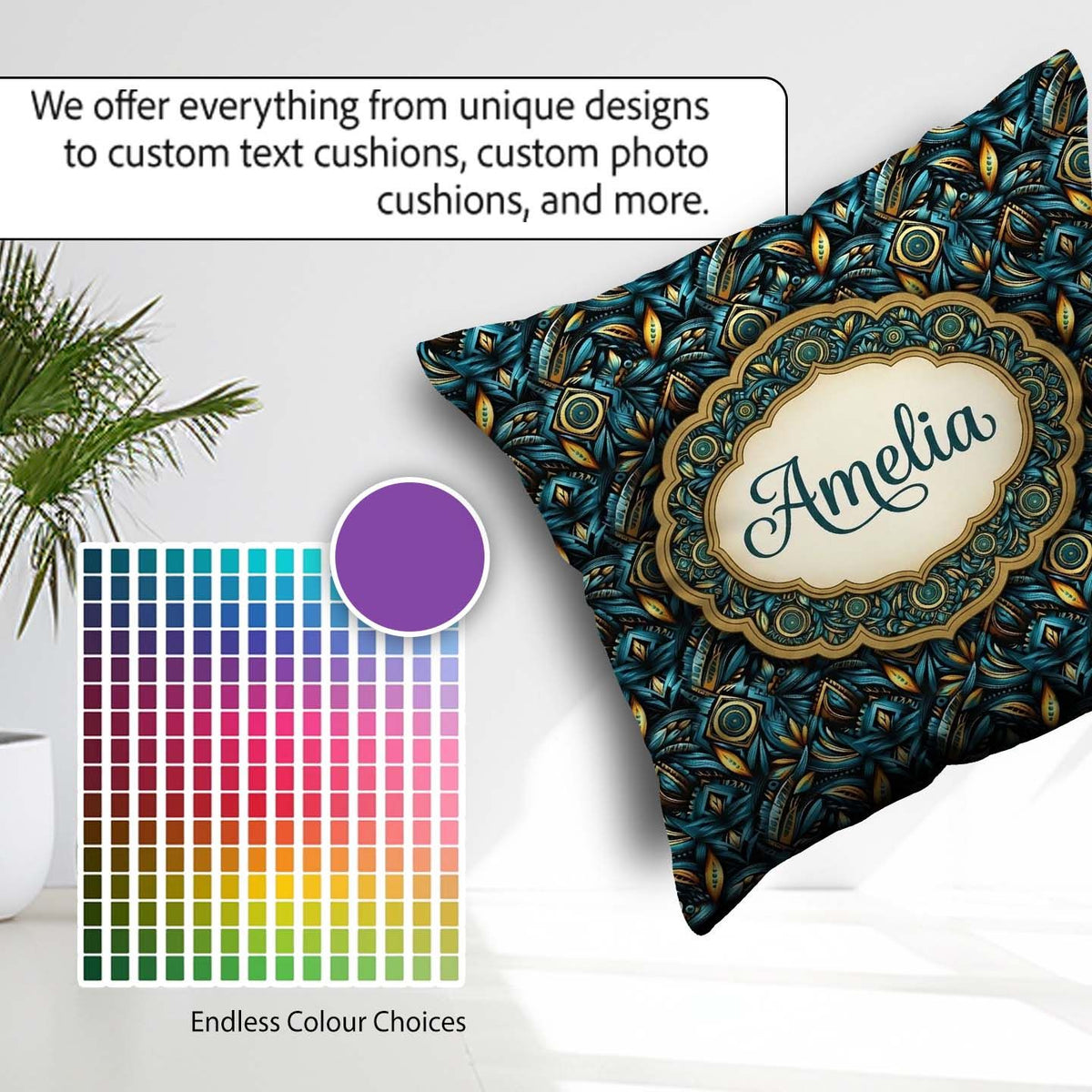 Custom Name Luxury Teal Gold Geometric Art Deco Pattern Seamless Square Filled Cushion Throw Pillow Sofa Bed Home Decor Zip Washable UK Made