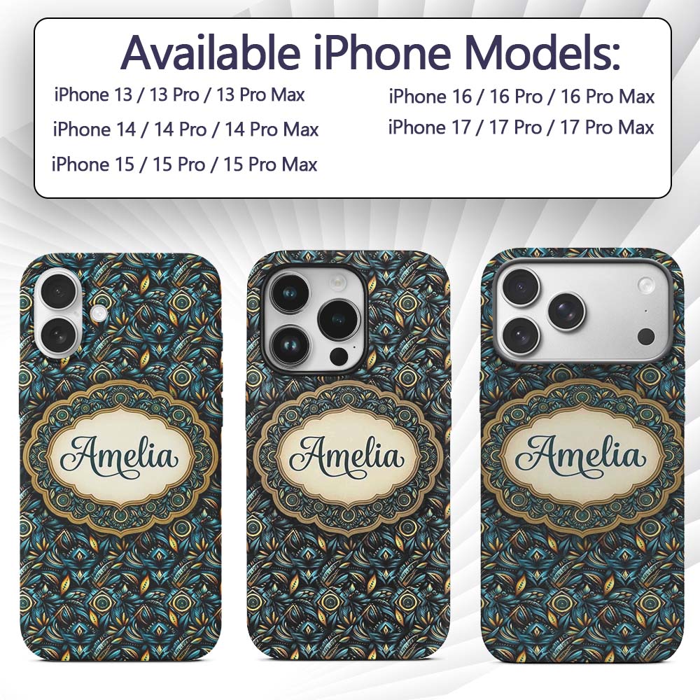 Luxury Teal Gold Geometric Art Printed Design Custom Name Protective Phone Case Mobile Cover Durable Everyday Smartphone Shock Resistant