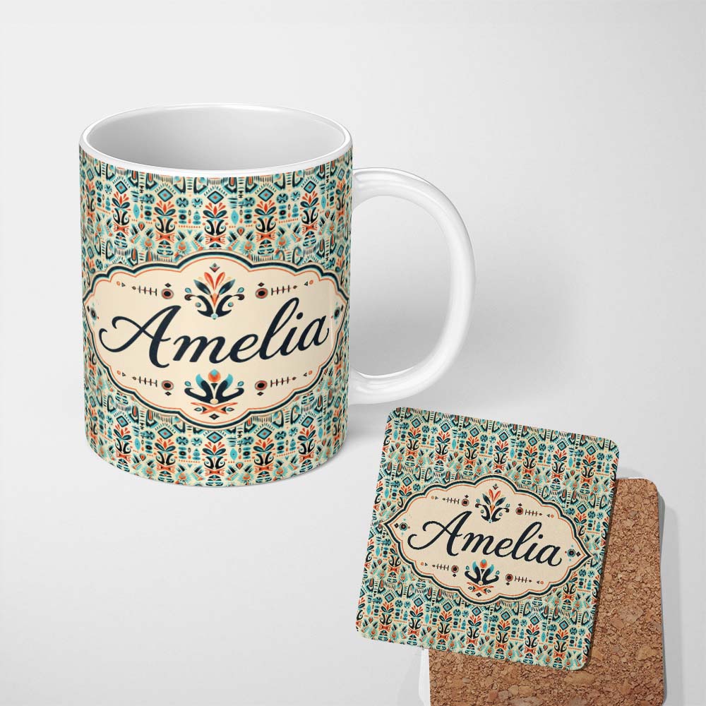 Personalized Custom Name Modern Scandinavian Folk Art Pattern with Floral Shapes Seamless 11oz Ceramic Coffee Tea Mug White Large Handle