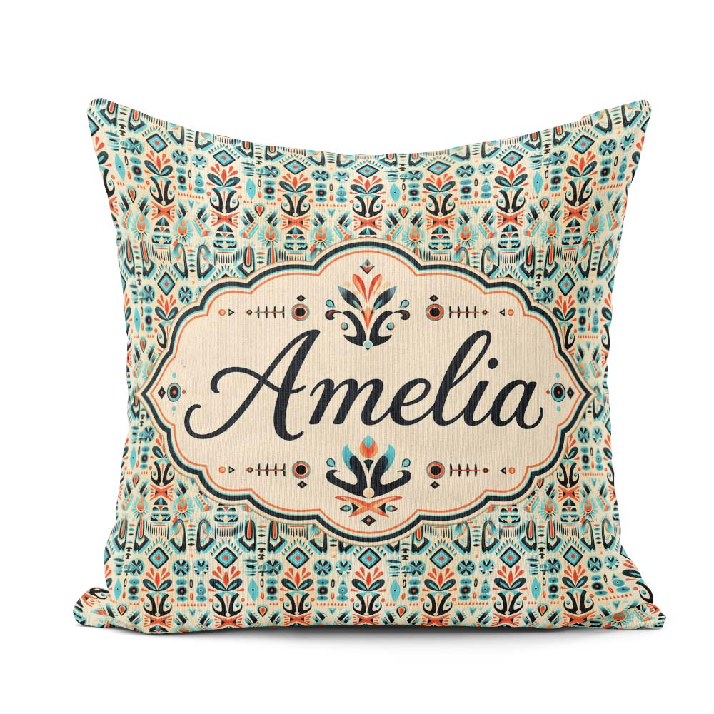 Custom Name Modern Folk Art Pattern with Floral Shapes Seamless Square Filled Cushion Throw Pillow Sofa Bed Home Decor Zip Washable UK Made