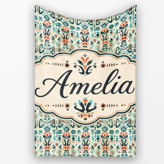 Modern Scandinavian Folk Art Pattern with Floral Shapes Seamless  Personalised Custom Name Super Soft Fleece Blanket Bed Sofa Throw